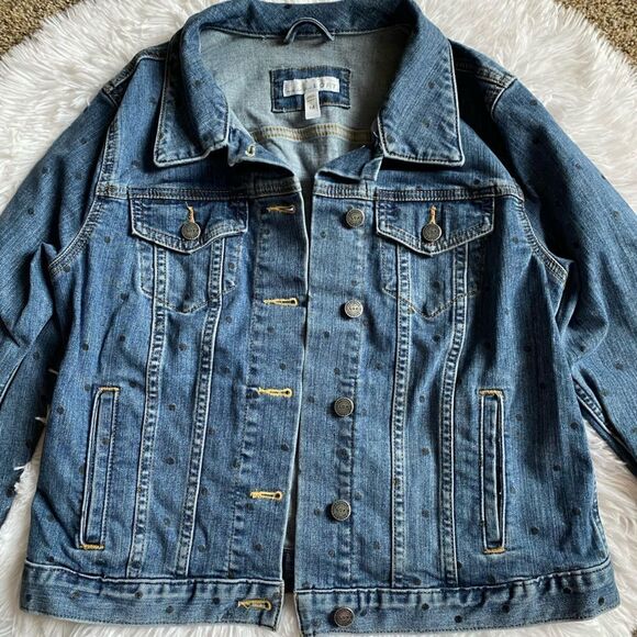 LOFT Polka Dot Jean Jacket Button Front Womens Size Medium - Picture 5 of 10